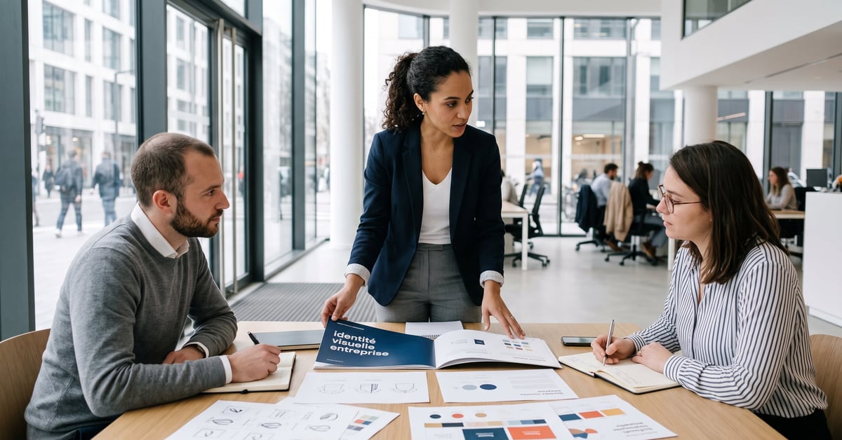 Identité visuelle entreprise : éléments de branding professionnel sur un bureau moderne